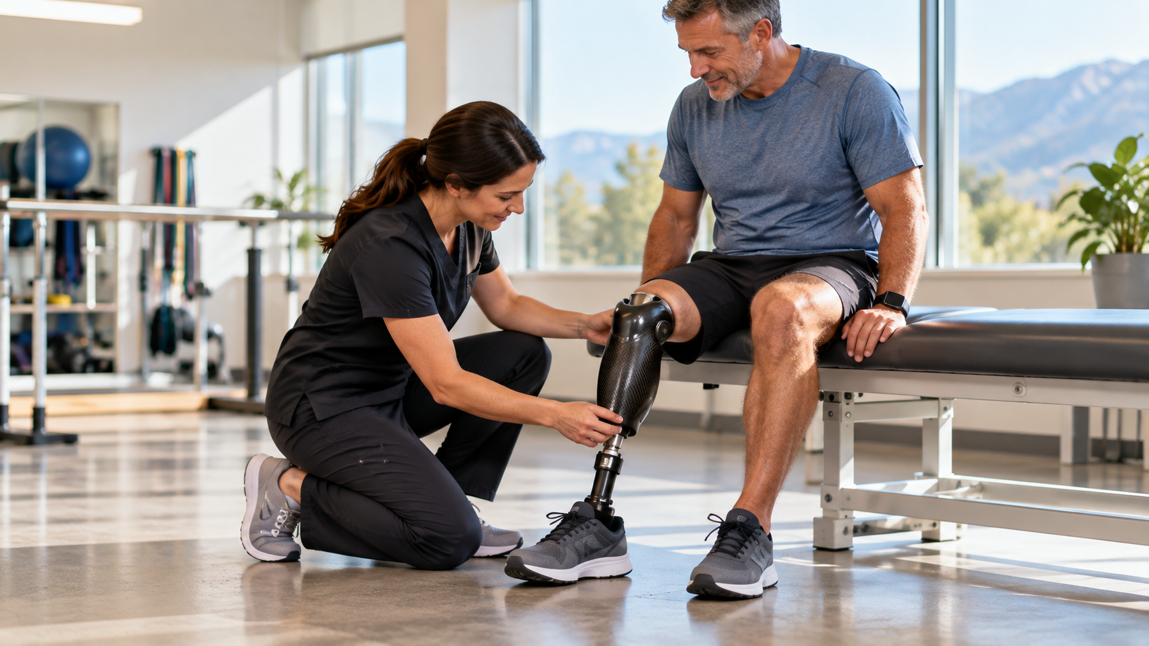 Clinician adjusting a patient's prosthetic leg